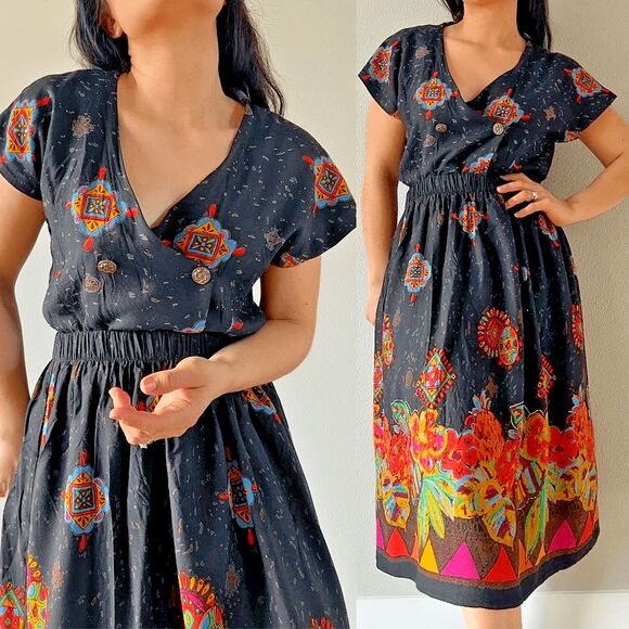 vtg 90s floral print skirt suit set multicolor‎ black vacation outfit boho small - Picture 1 of 9